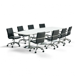 Zestaw mebli konferencyjnych FLEXUS + DELTA, 1 stół, biały, 3200x1200 mm i 8 czarnych krzeseł